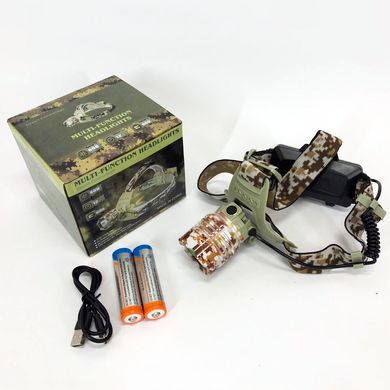 Фонарь налобный 2130-T6 Military, аккумуляторный 18650 х 2, zoom, зарядка micro USB, Головной фонарик