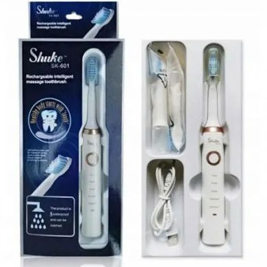 Электрическая зубная щетка Shuke SK-601 аккумуляторная. Ультразвуковая щетка для зубов + 3 насадки. Цвет: белый
