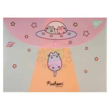 Папка конверт YES А4 на кнопке Pusheen глитерный