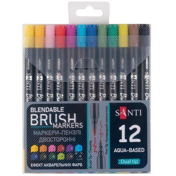 Набор маркеров акварельных SANTI Brush Marker 12 шт/уп двусторонние